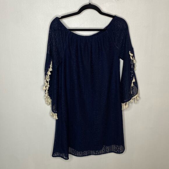 KORI WOMEN'S NAVY BLUE EYELIT CAPE SLEEVE MINI DRESS WITH TASSELS SIZE SMALL - Picture 1 of 6